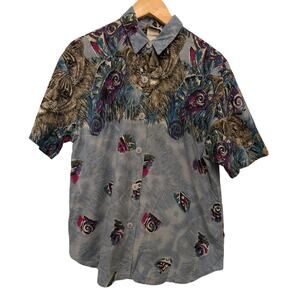 Vintage 80s Act III Lion Cub Graphic Button-Up Shirt Blue Multicolor‎ Animal